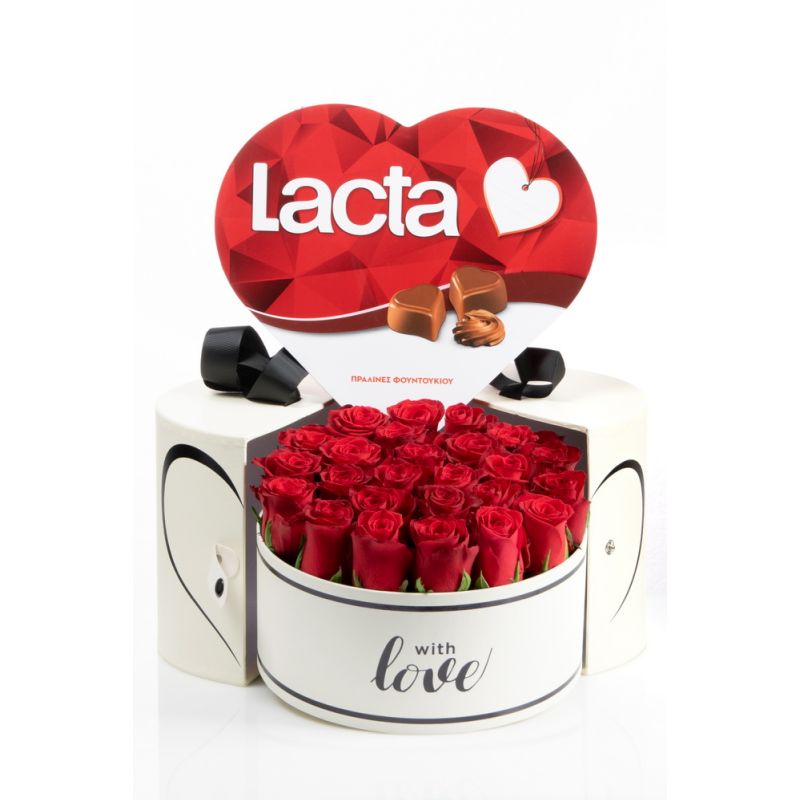 Τριαντάφυλλα κόκκινα σε κουτί, με πραλίνες Lacta .